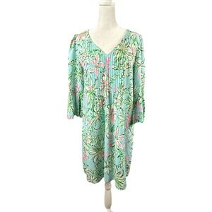 Lilly Pulitzer Dress 2 Aqua Pink Floral Pintuck V-Neck Bell Sleeve Resort Cruise